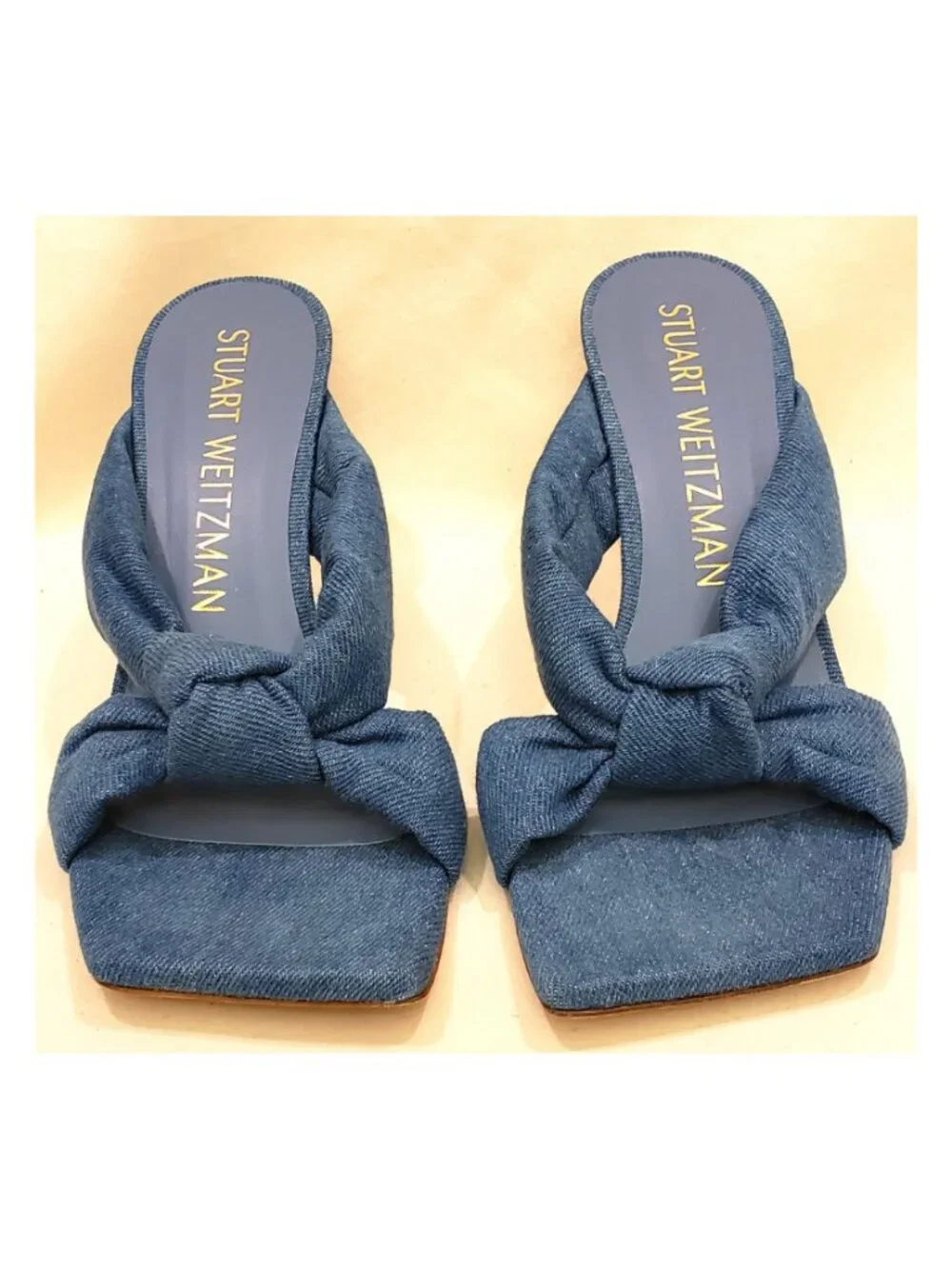 Stuart Weitzman Blue Denim Knot Mule Sandals Lucite Clear Heel Size 8.5 B